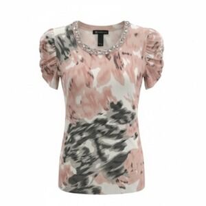 INC International Concepts Womens XS Pink Floral Rhinestone Puff Sleeve Sweater